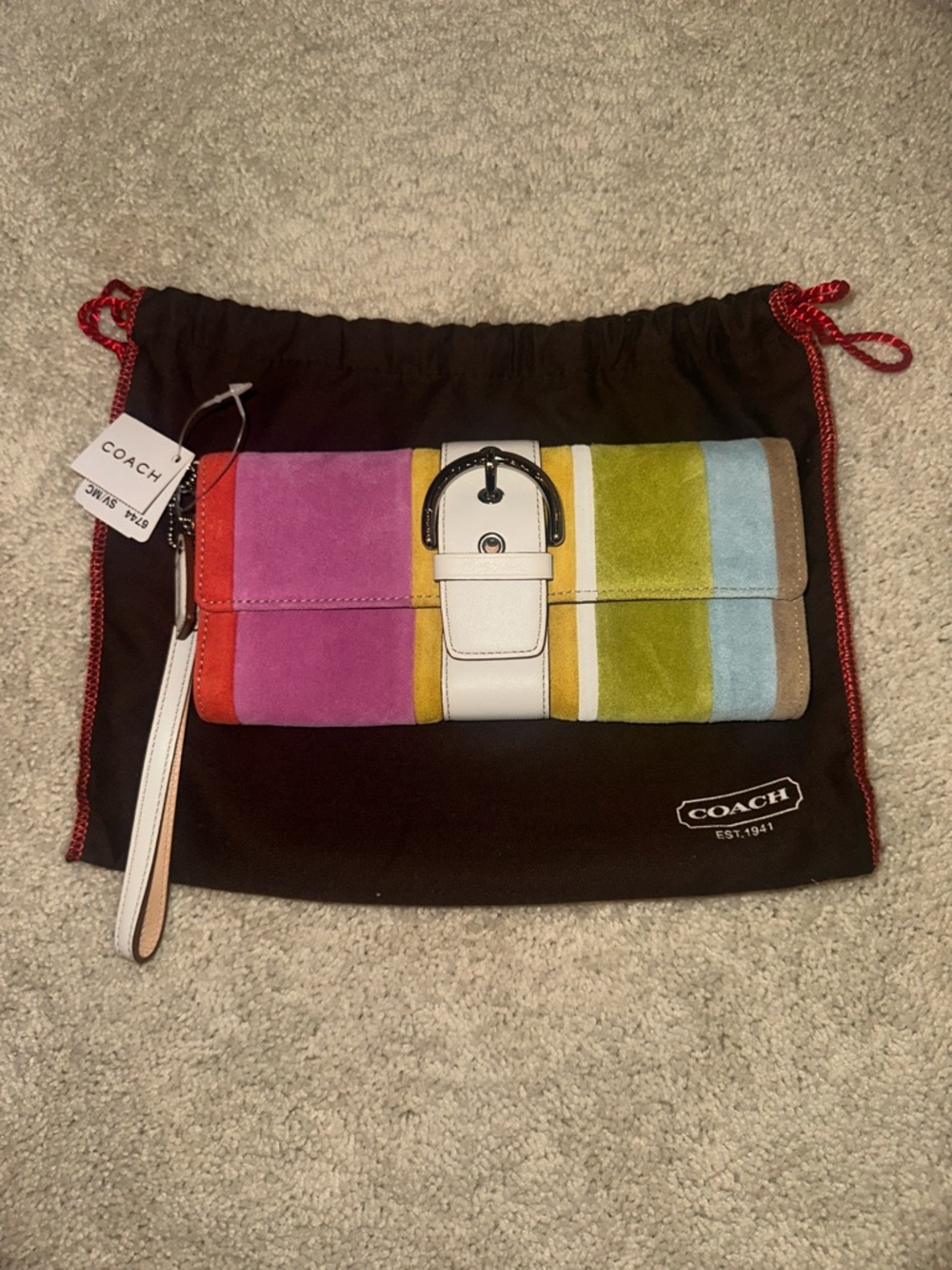 Coach Multicolor Suede Stripe Wristlet Clutch with White Leather Accent